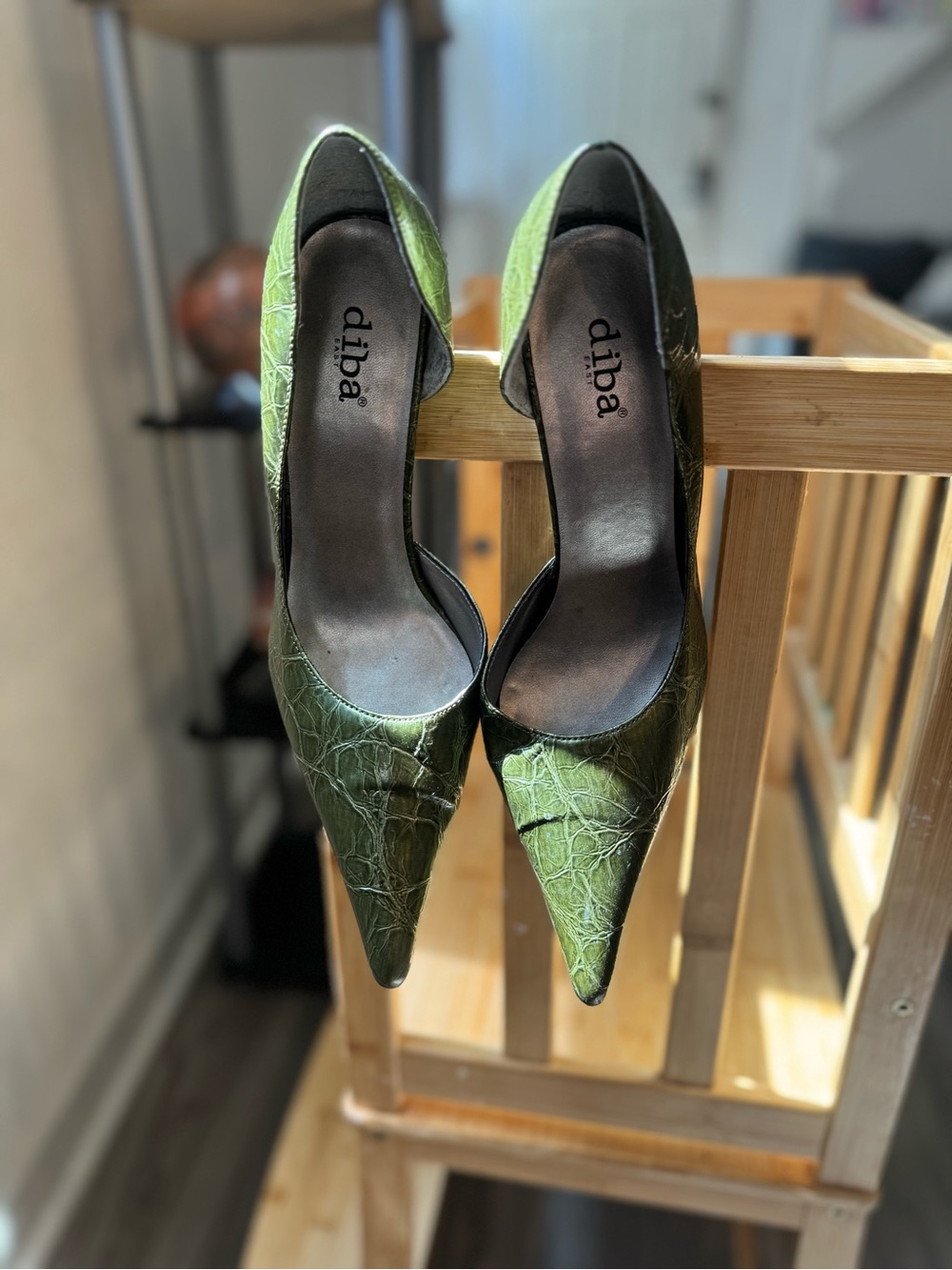Diba Olive Green Croc-Embossed Pointed Toe Pumps